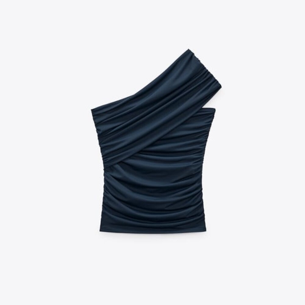 ZARA - ASYMMETRIC RUCHED TOP - LARGE - DUCK BLUE